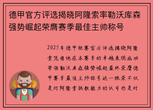 德甲官方评选揭晓阿隆索率勒沃库森强势崛起荣膺赛季最佳主帅称号